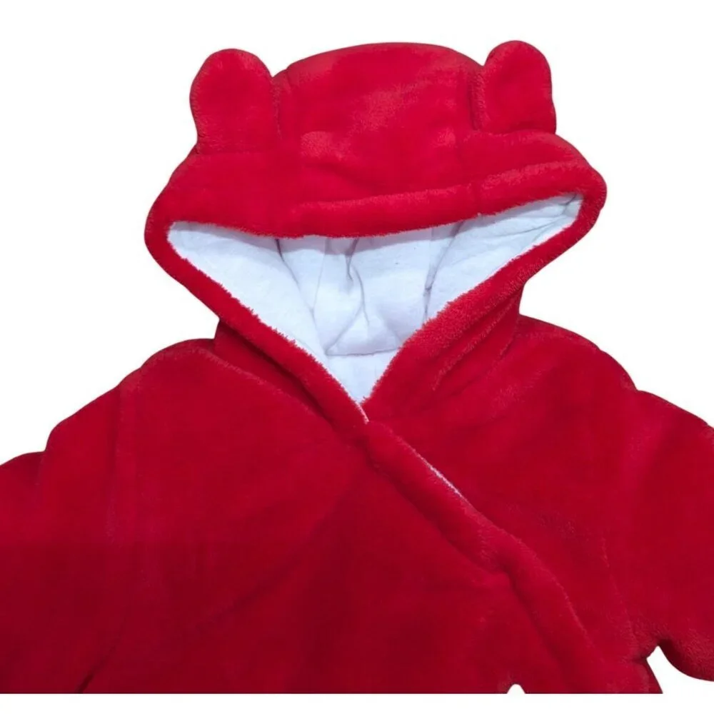 Baby Red Bear Hooded Fleece Snowsuit Jumpsuit One Piece Outfit 6-12 Months.
